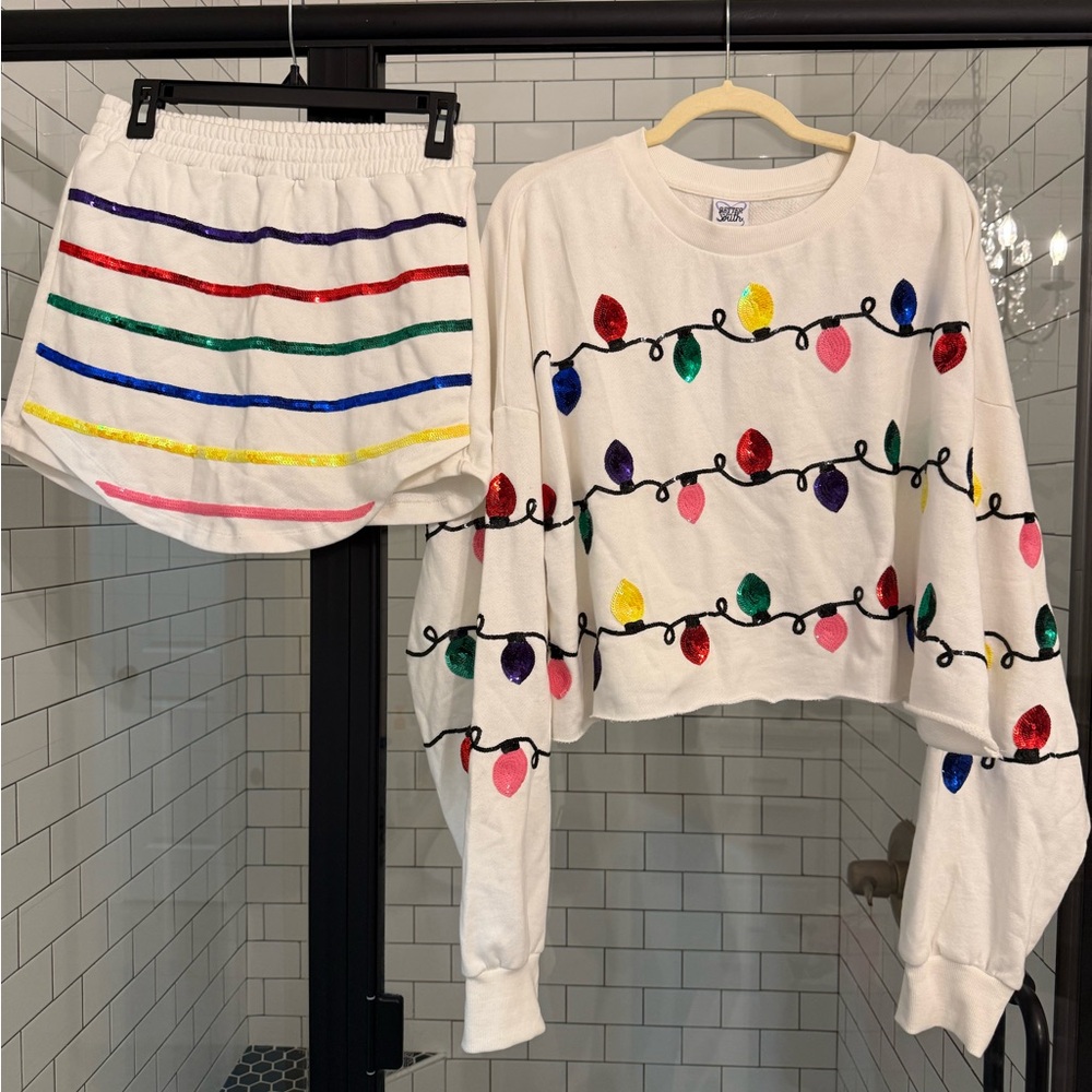 Festive Light Sweater and Striped Shorts Set